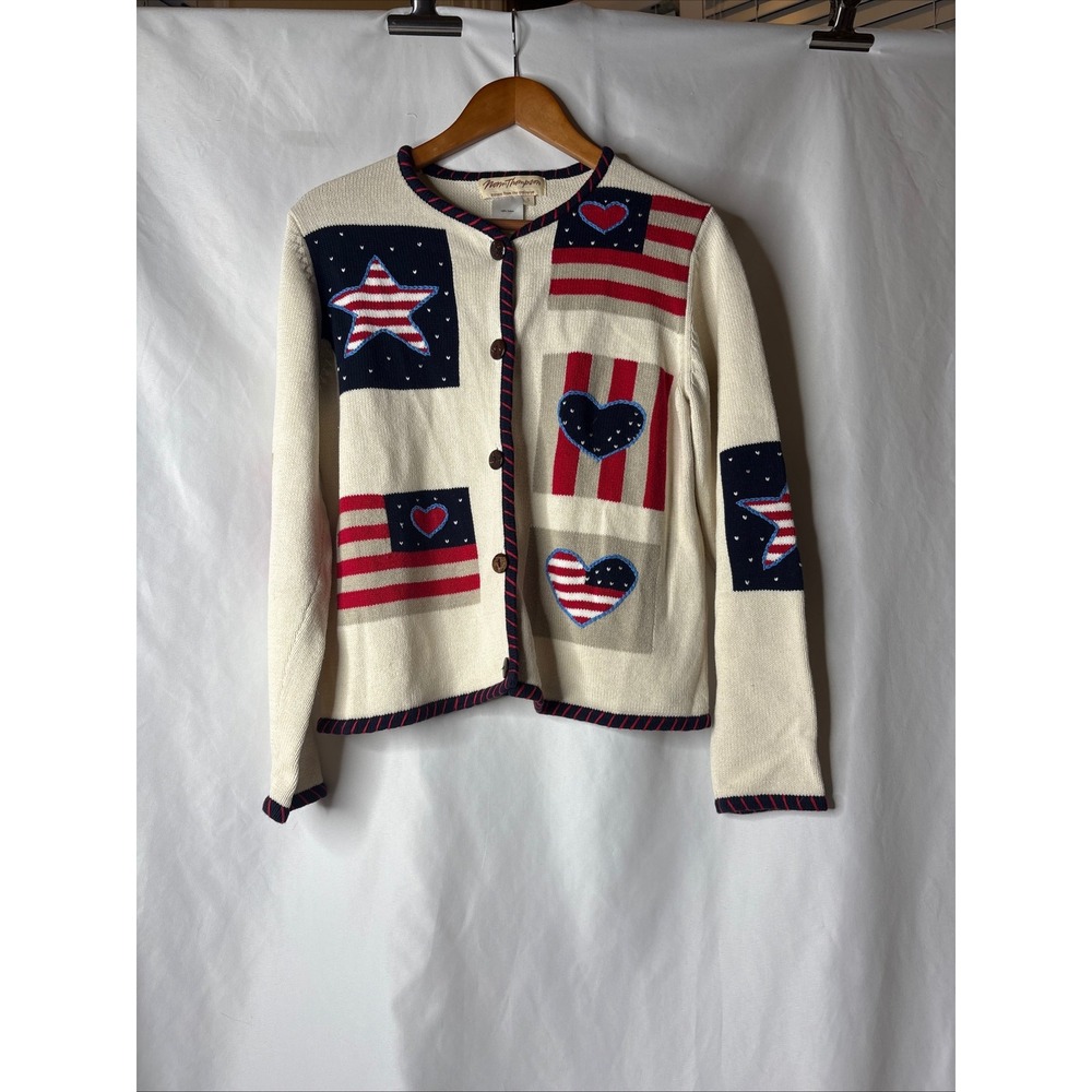 Vtg Norm Thompson Women S Americana Flag Heart Holiday Knit Cardigan Sweater